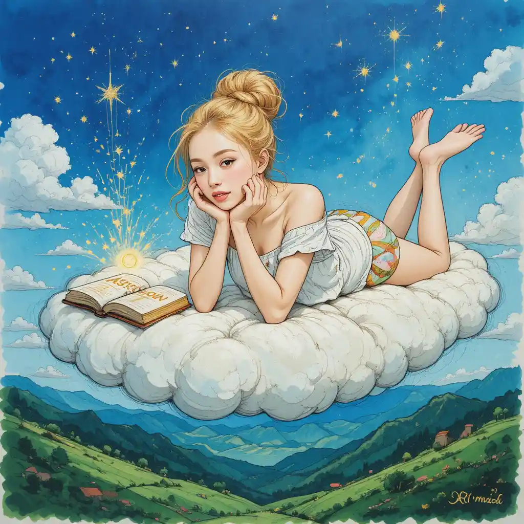 Mujer rubia etérea sobre una nube sobre un paisaje verde y salvaje