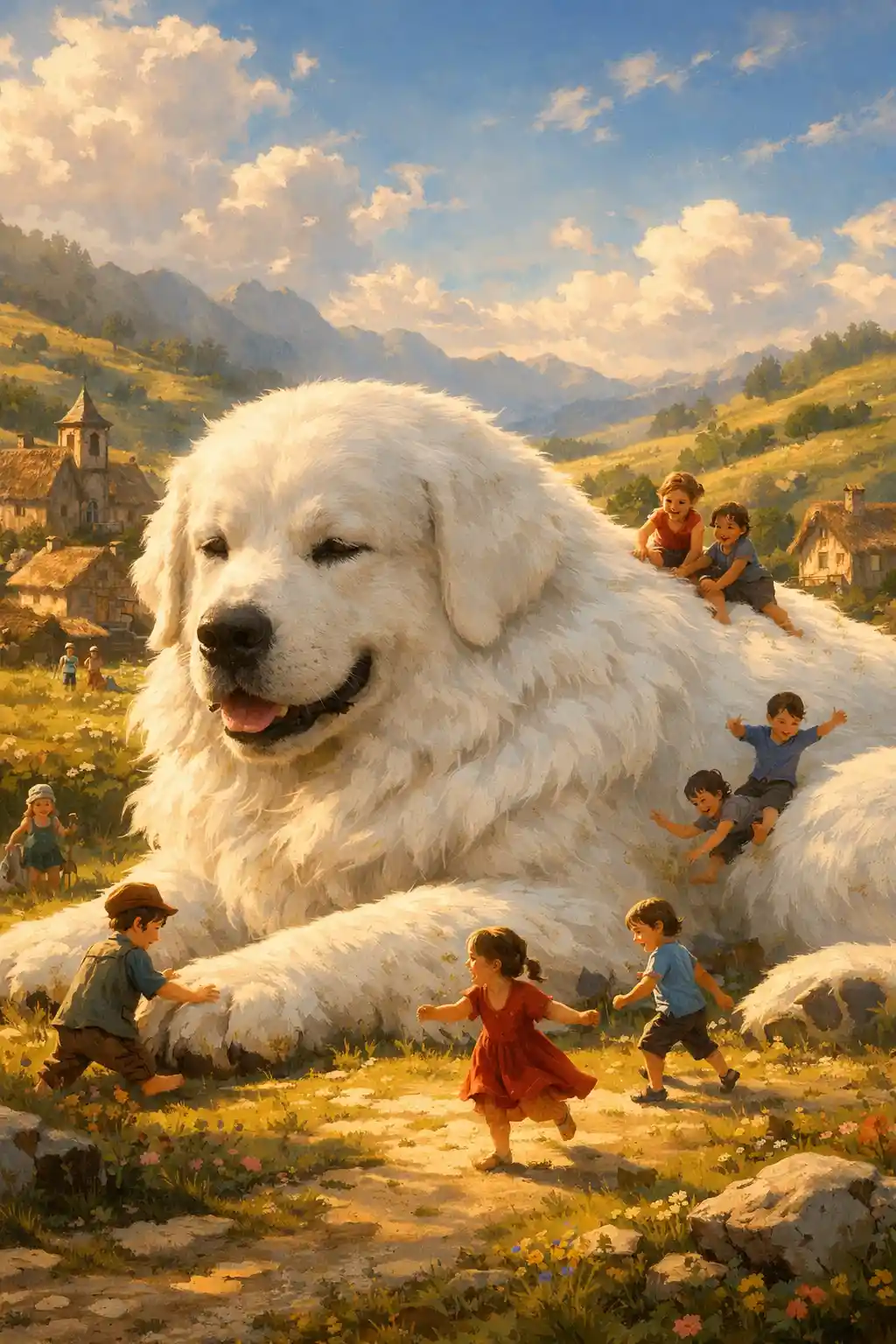 Gigante cão branco descansando em uma ensolarada vila do campo