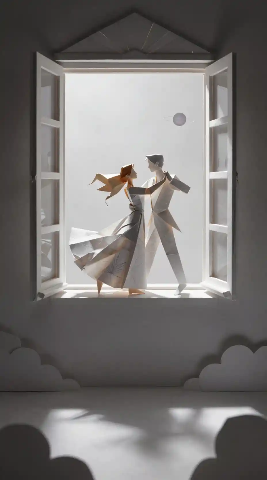 Coppia di origami che danza accanto a una finestra aperta in una profonda ombra