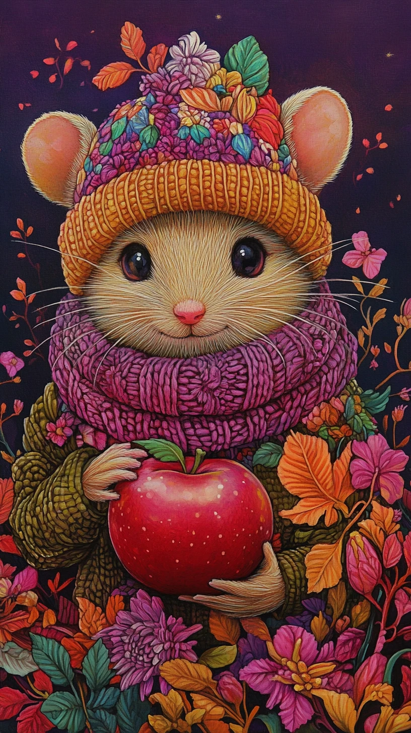 Rato alegre de gorro de lã com maçã e folhas de outono