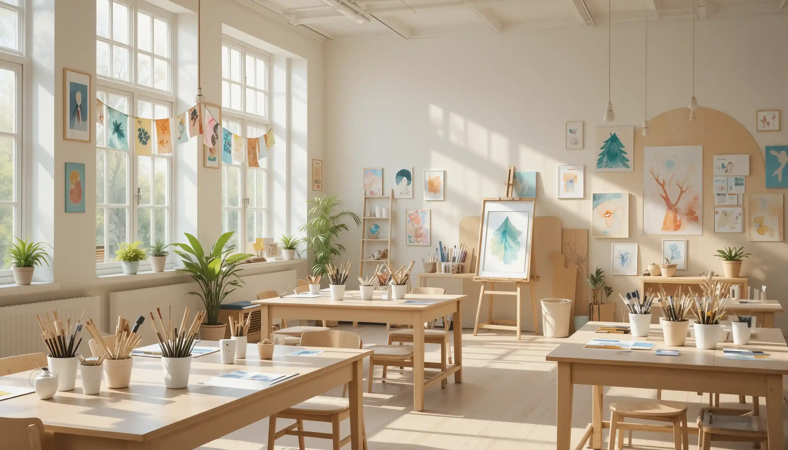 Helles Kinder-Kunststudio mit morgendlichem Fensterlicht