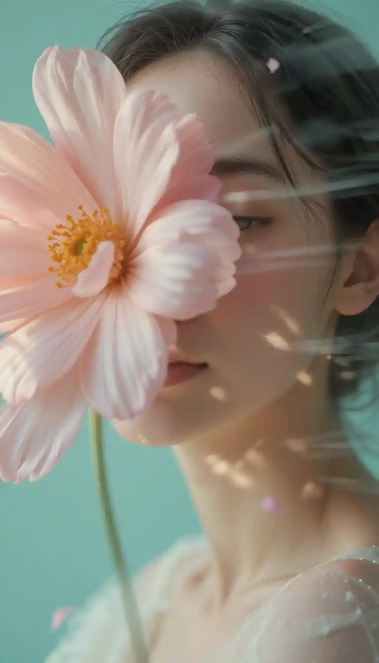 Portrait onirique en gros plan d’une femme avec une fleur de cosmos