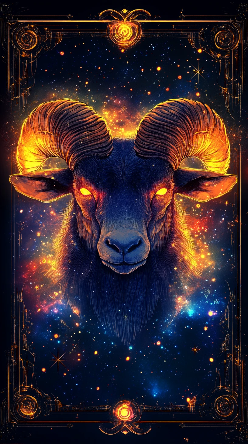 Anthropomorphic ram diva with fiery horns in cosmic glow