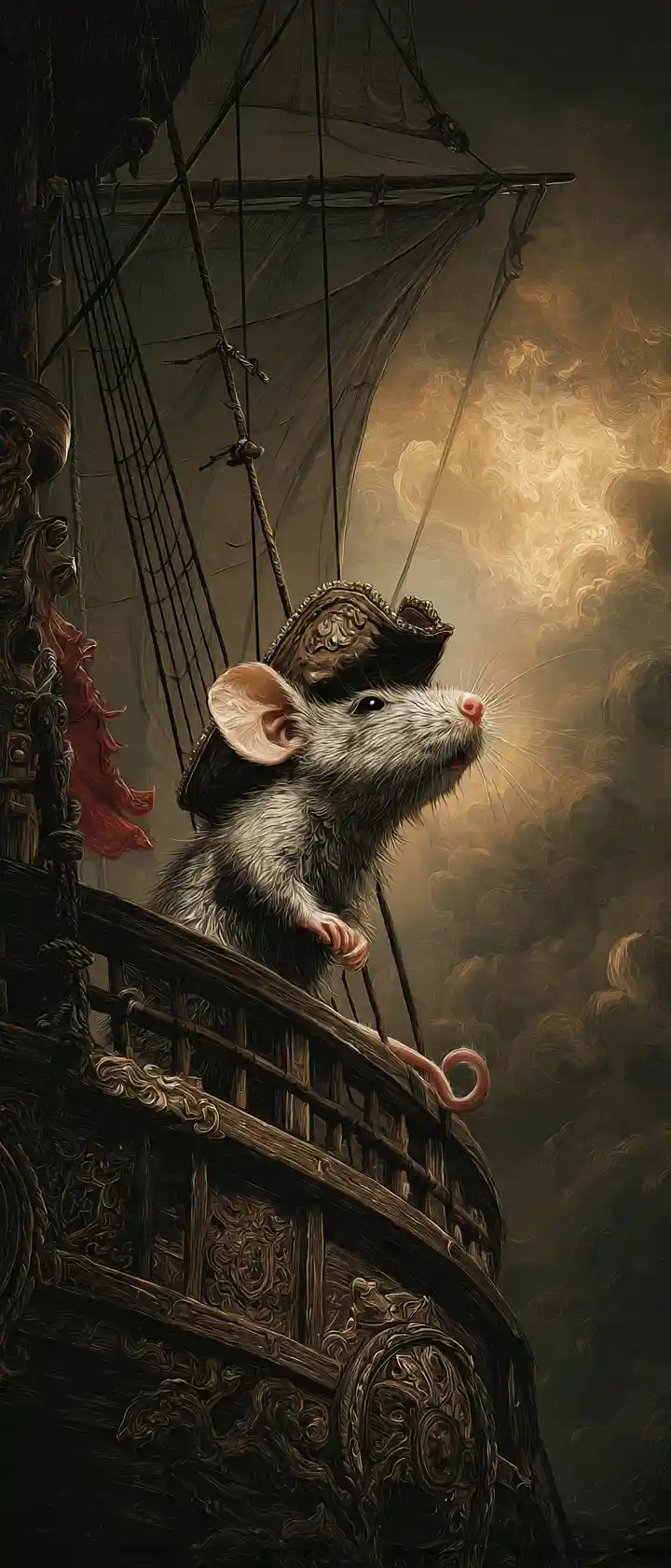 Einsame Maus auf einem Geisterschiff, das durch eine Nebelwolke segelt