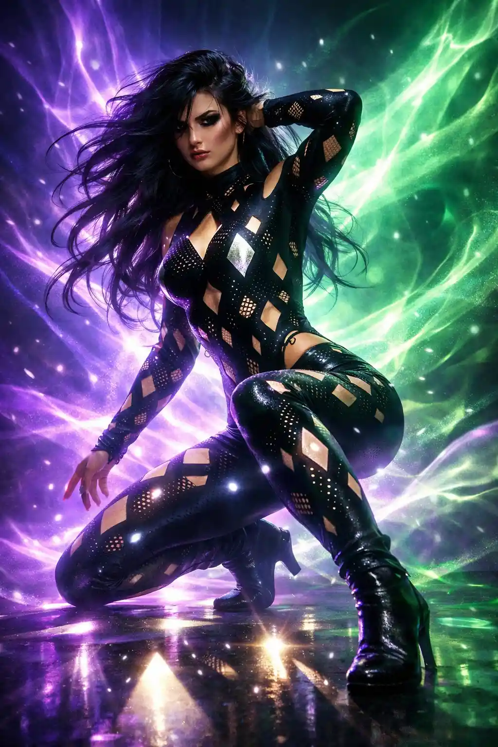 Edgy woman in dynamic full body pose with glowing light