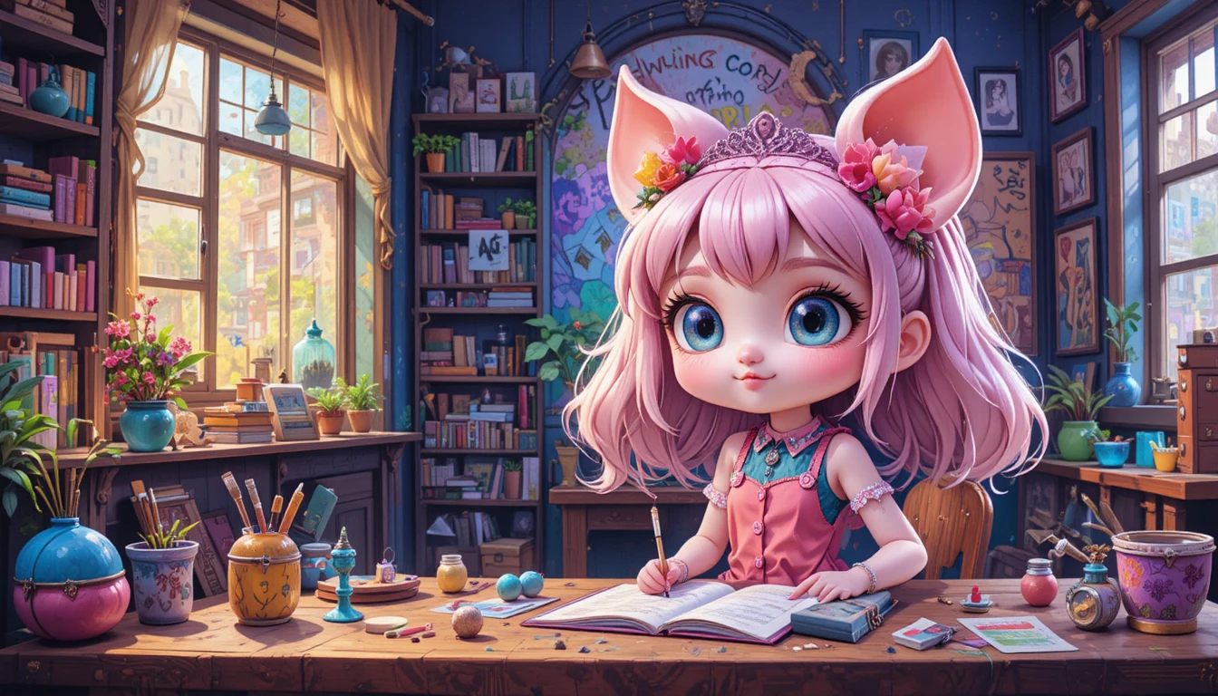 Ilustração de garota fofa em estúdio de arte de grafite neon