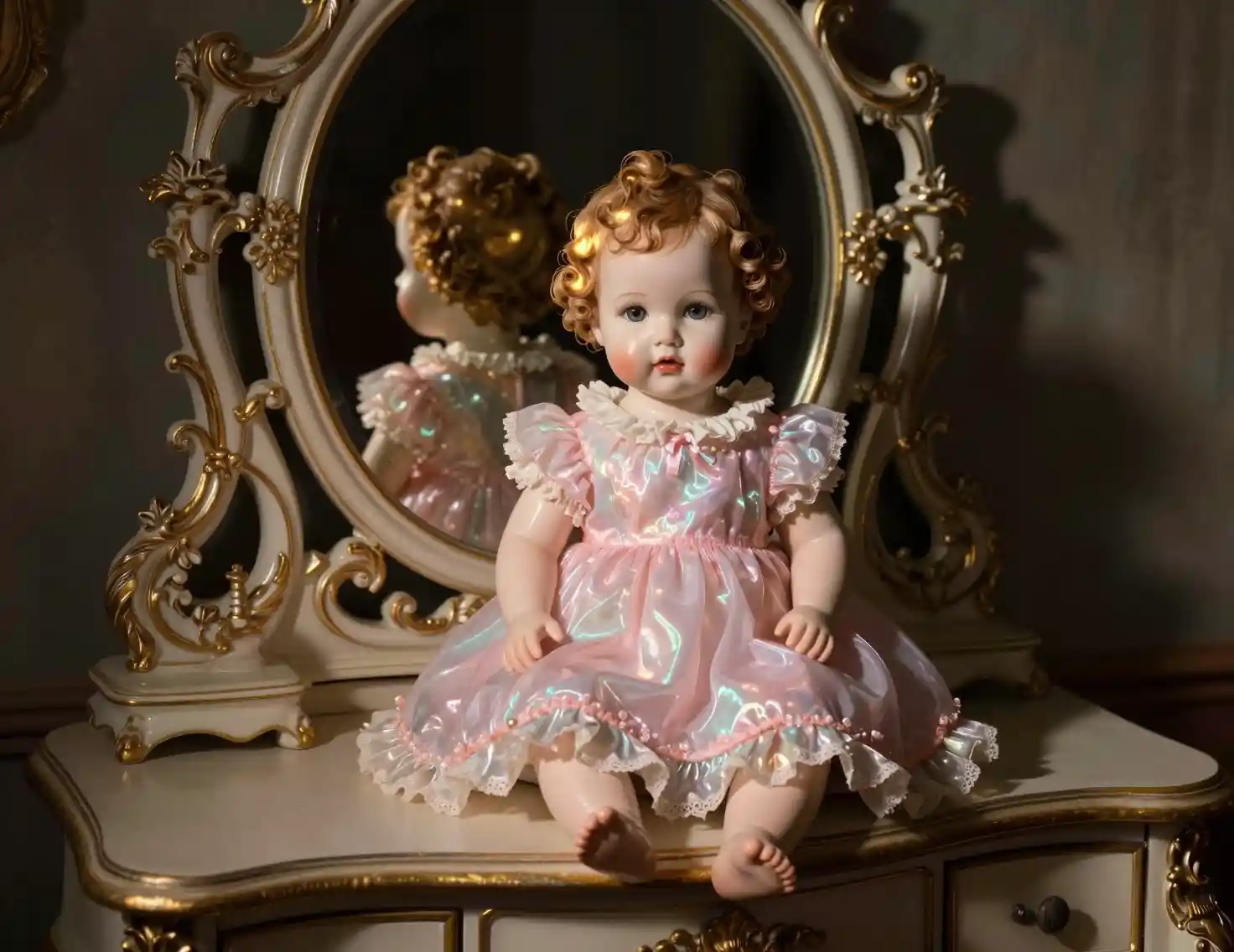 Boneca de porcelana bebê em penteadeira antiga sob luz dramática
