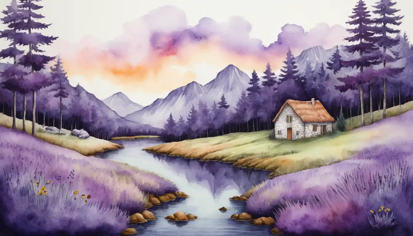 Watercolor wild violets blooming in a natural flower field