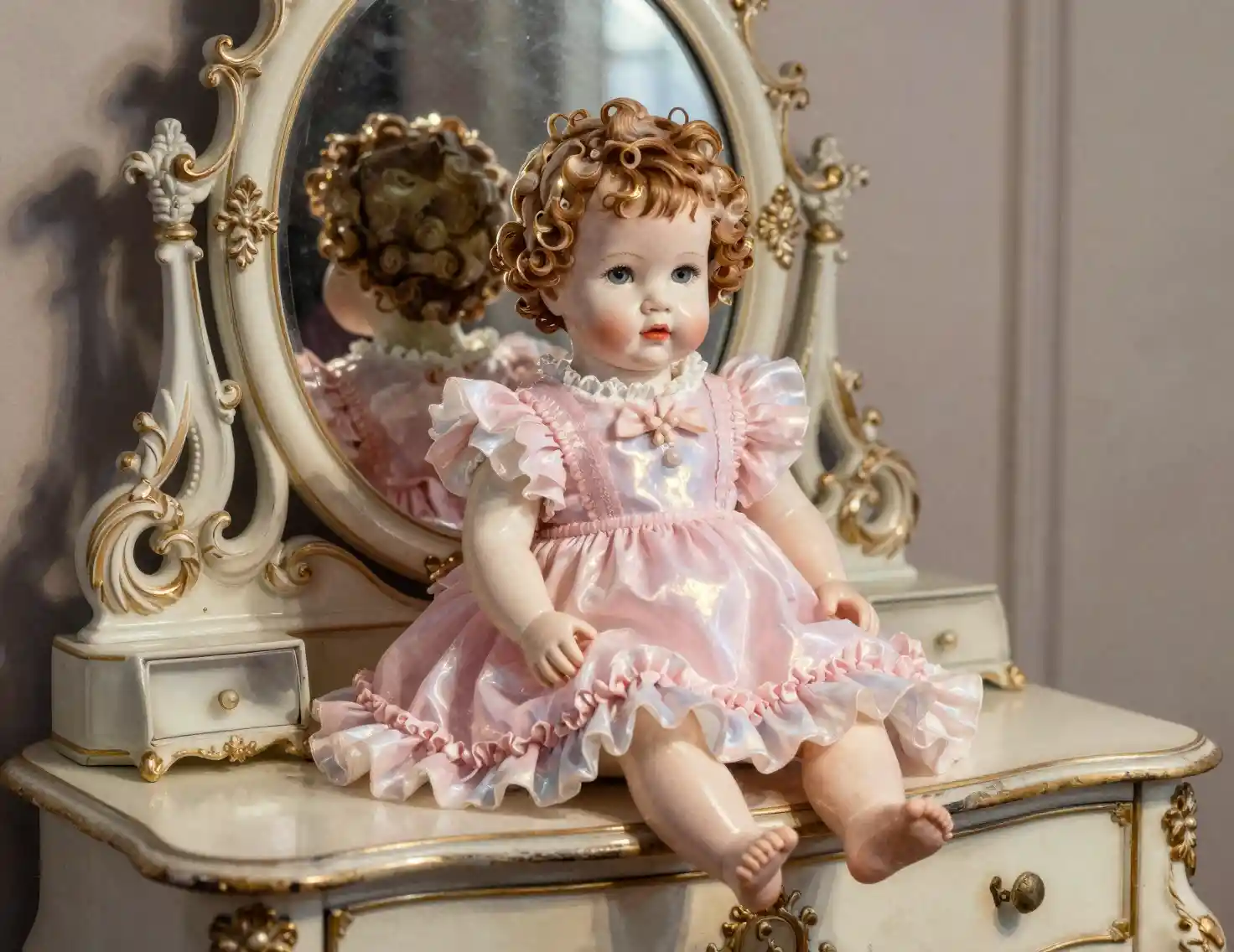 Bebê de porcelana em penteadeira ornamentada sob luz dourada suave