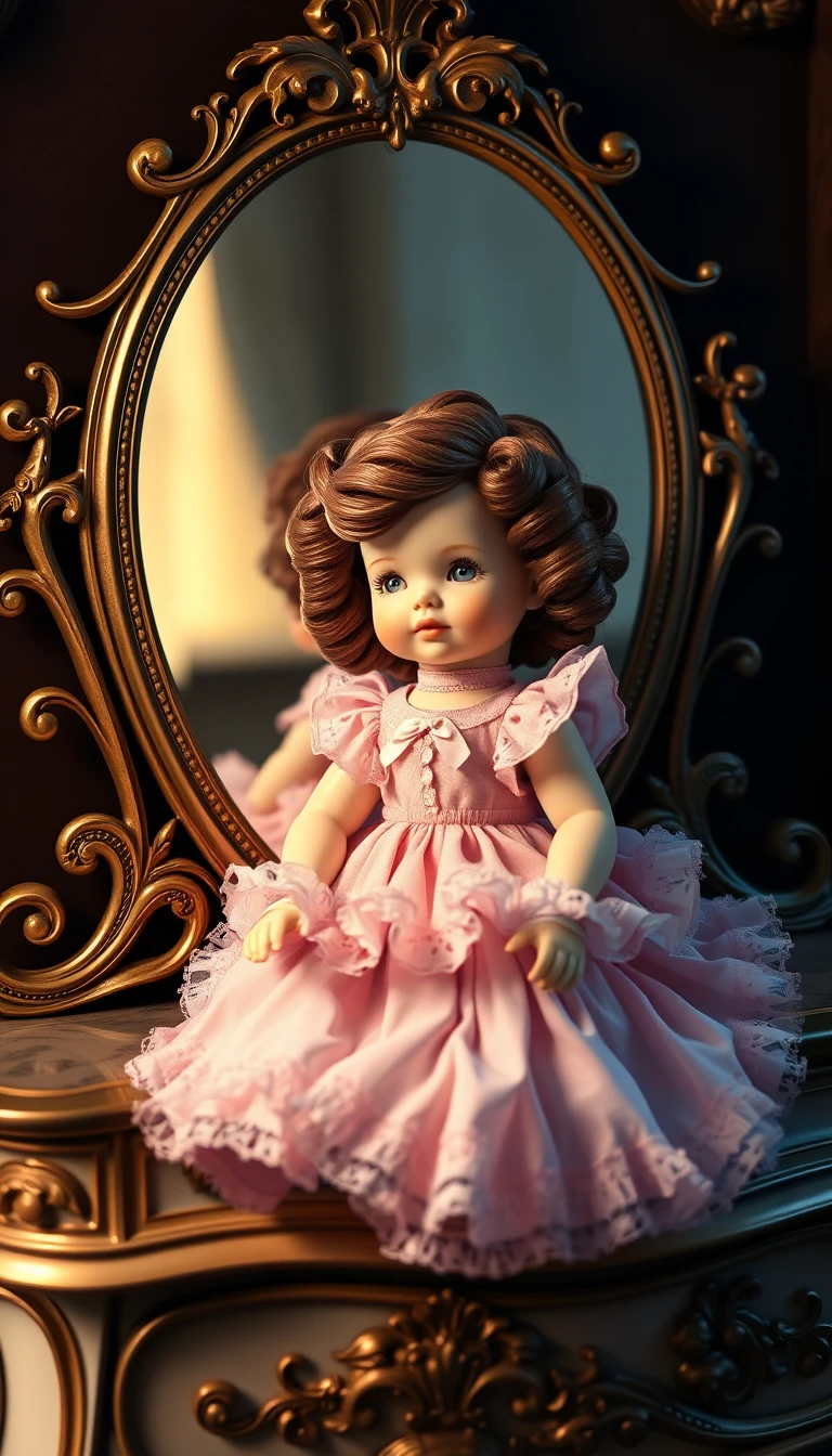 Boneca de porcelana bebê em penteadeira antiga sob luz dramática