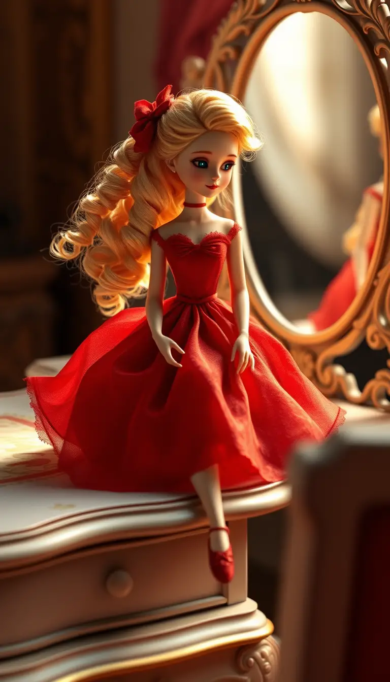 Poupée de porcelaine en robe rouge sur coiffeuse ornée