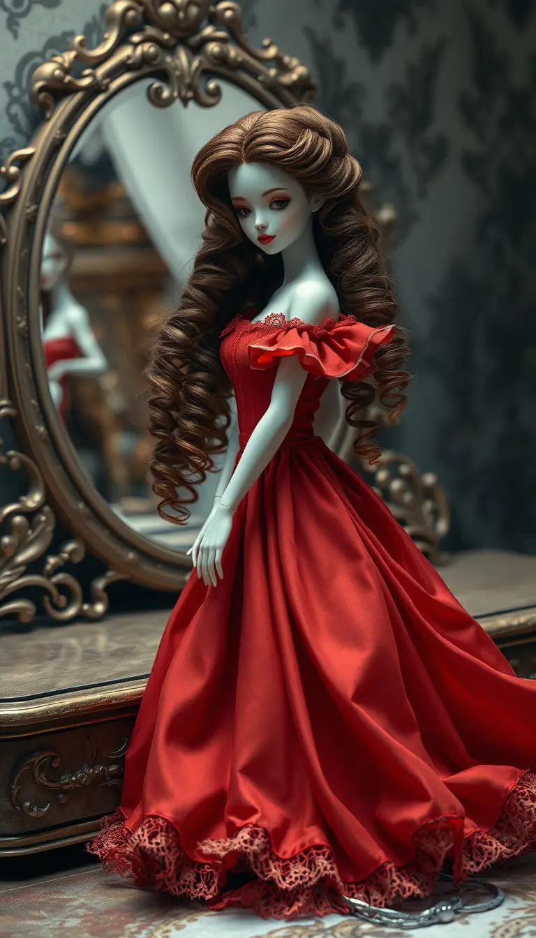 Poupée de porcelaine en robe rouge près d’un miroir de coiffeuse orné