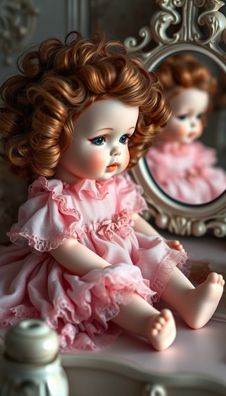 Porcelain baby doll on vanity table with carved mirror