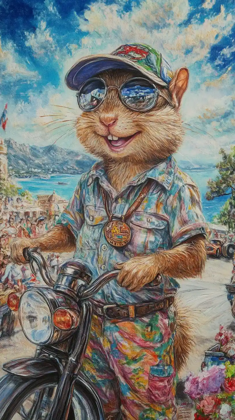 Joyful chipmunk athlete at a Monaco car race