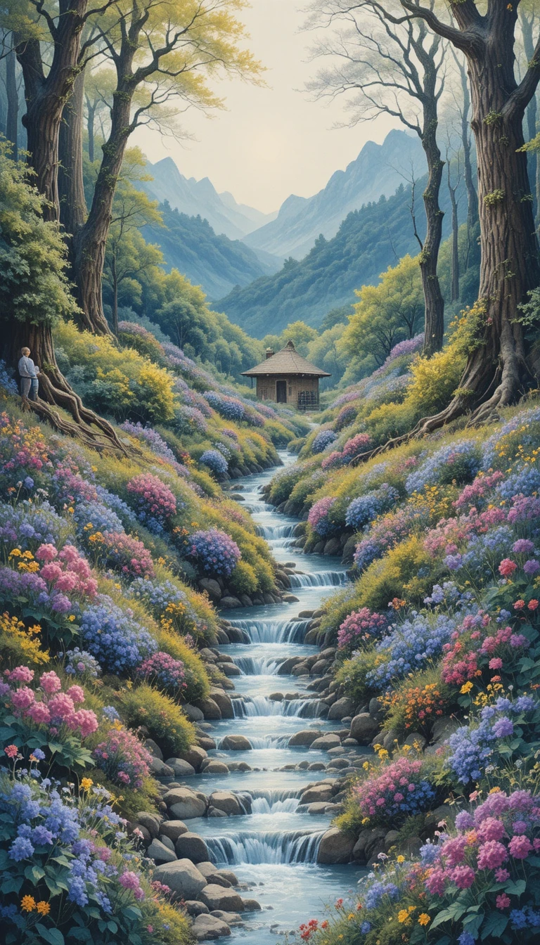 Watercolor wild violets growing in a serene forest scene