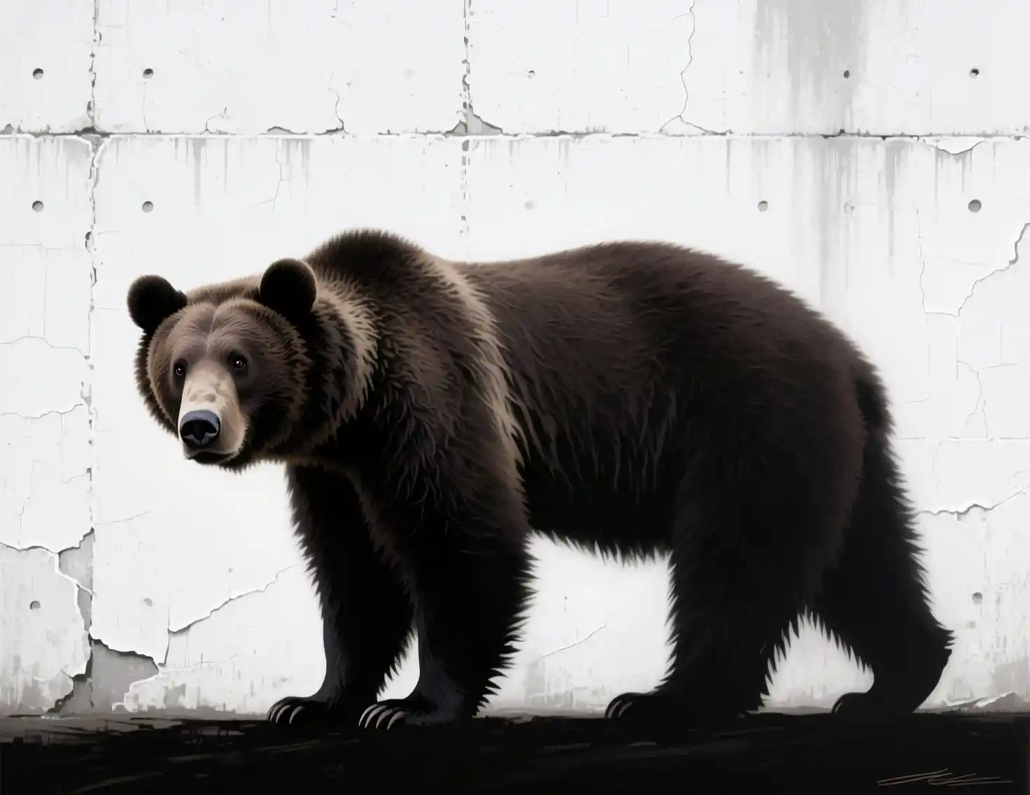 Silhouette d’un ours brun déformé sur un mur blanc