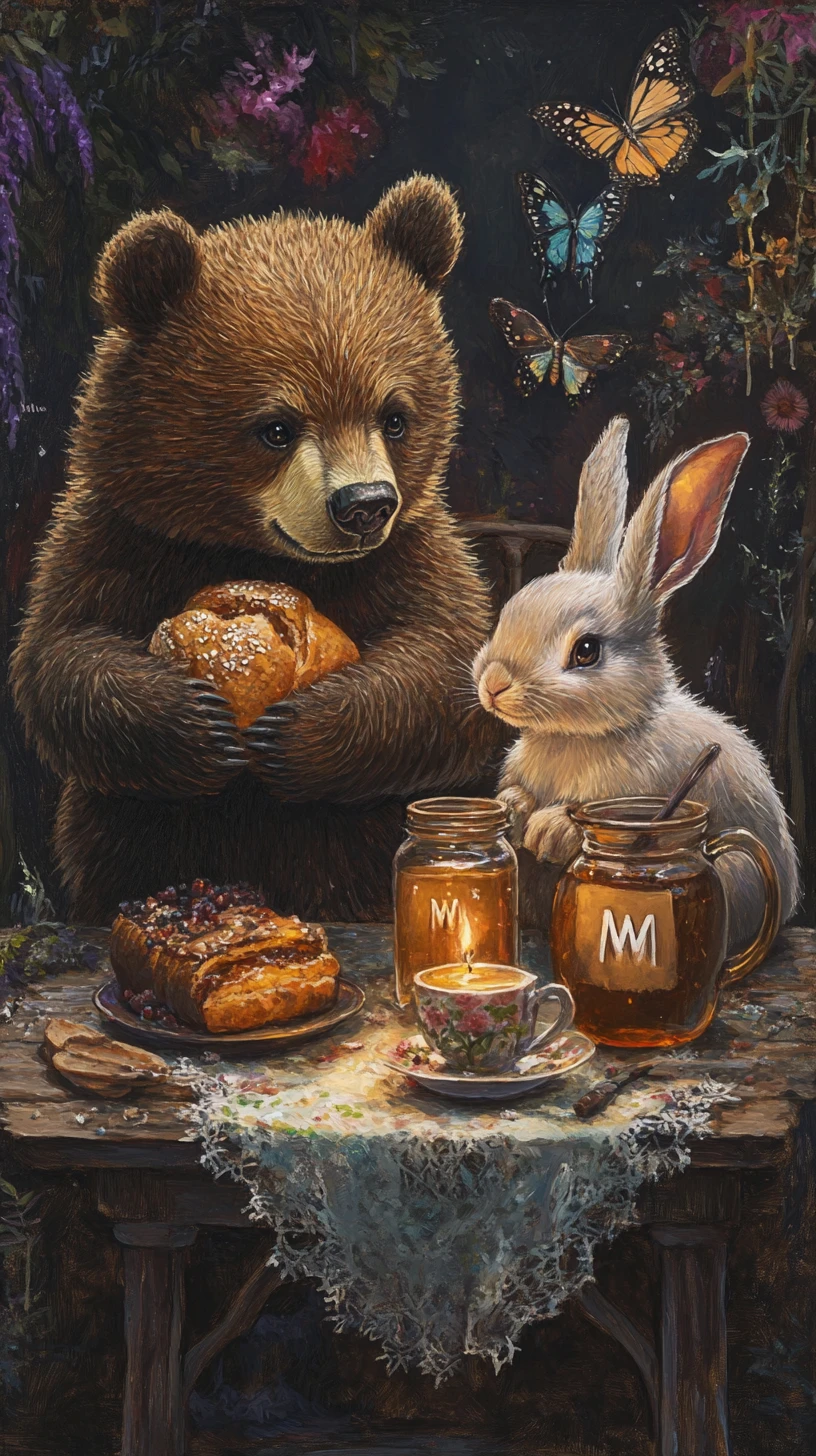 Bear and rabbit sharing bread and honey at a cozy table