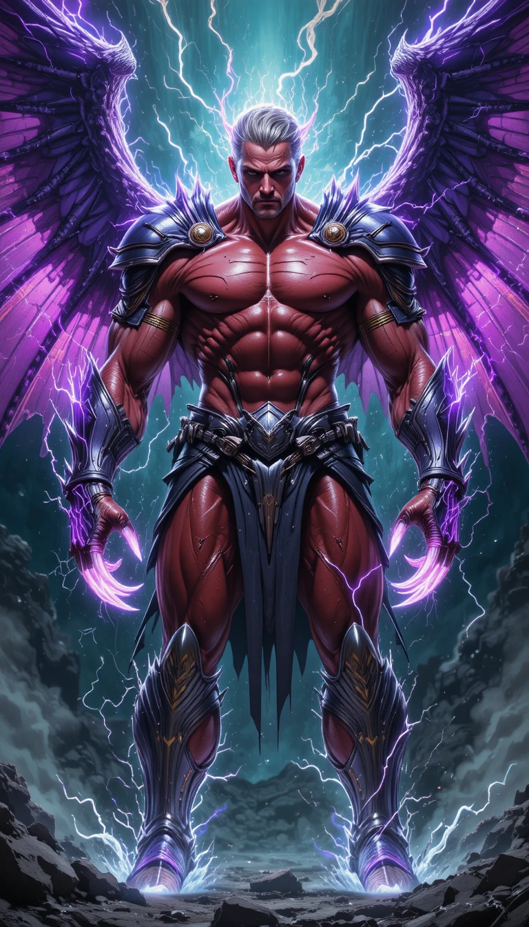Super-herói vermelho blindado com asas roxas e energia elétrica