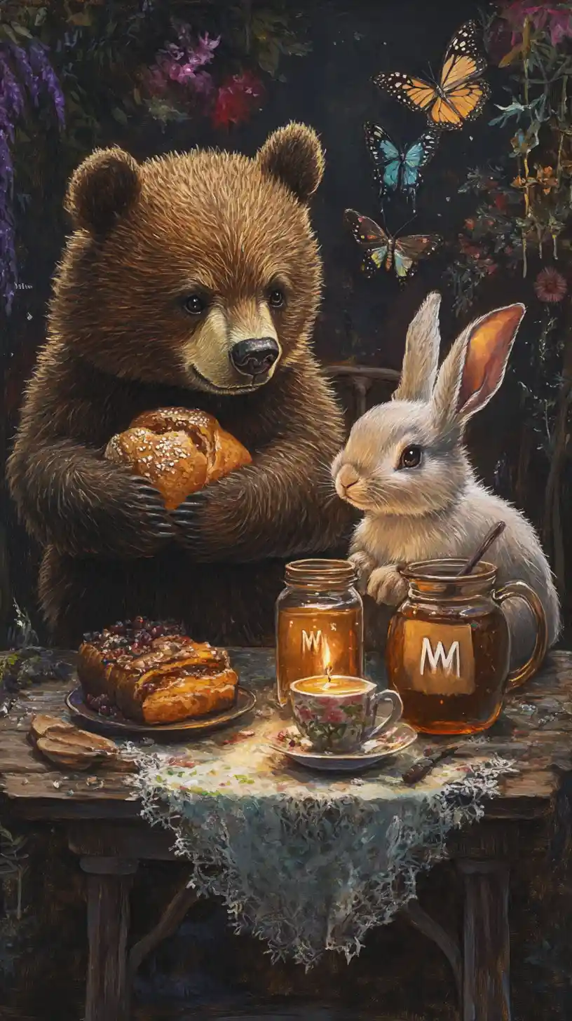 Bear and rabbit sharing bread and honey at a cozy table