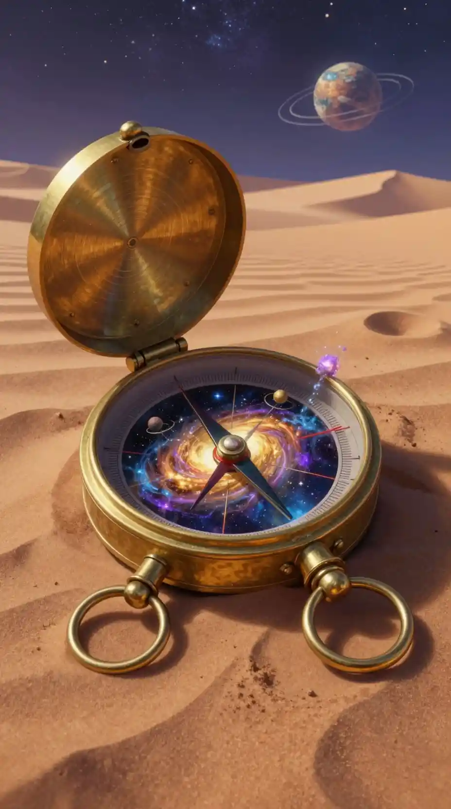 Surreal brass compass holding a swirling golden galaxy