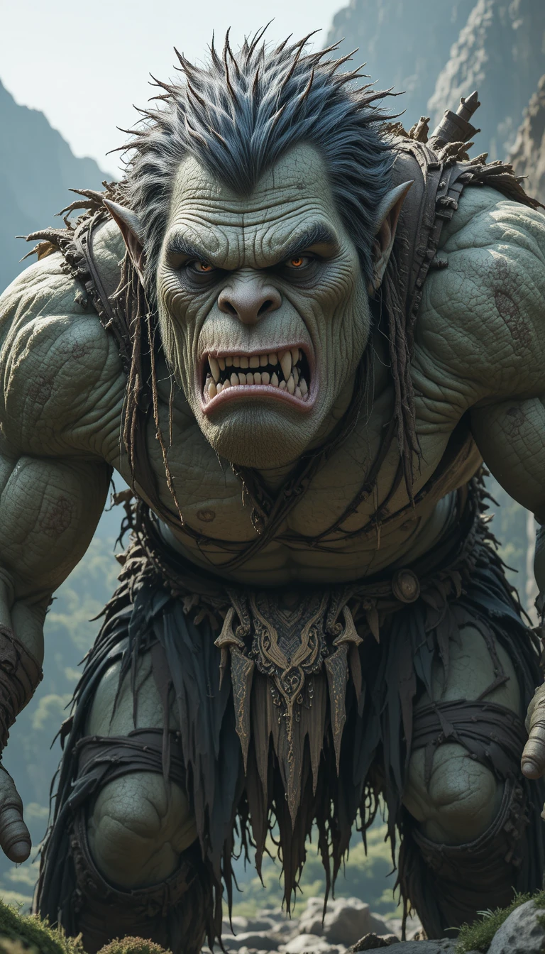 Troll gigantesco e musculoso em uma paisagem montanhosa acidentada