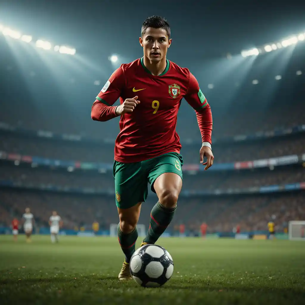 Cristiano Ronaldo sprinta verso la camera con la maglia di casa del Portogallo