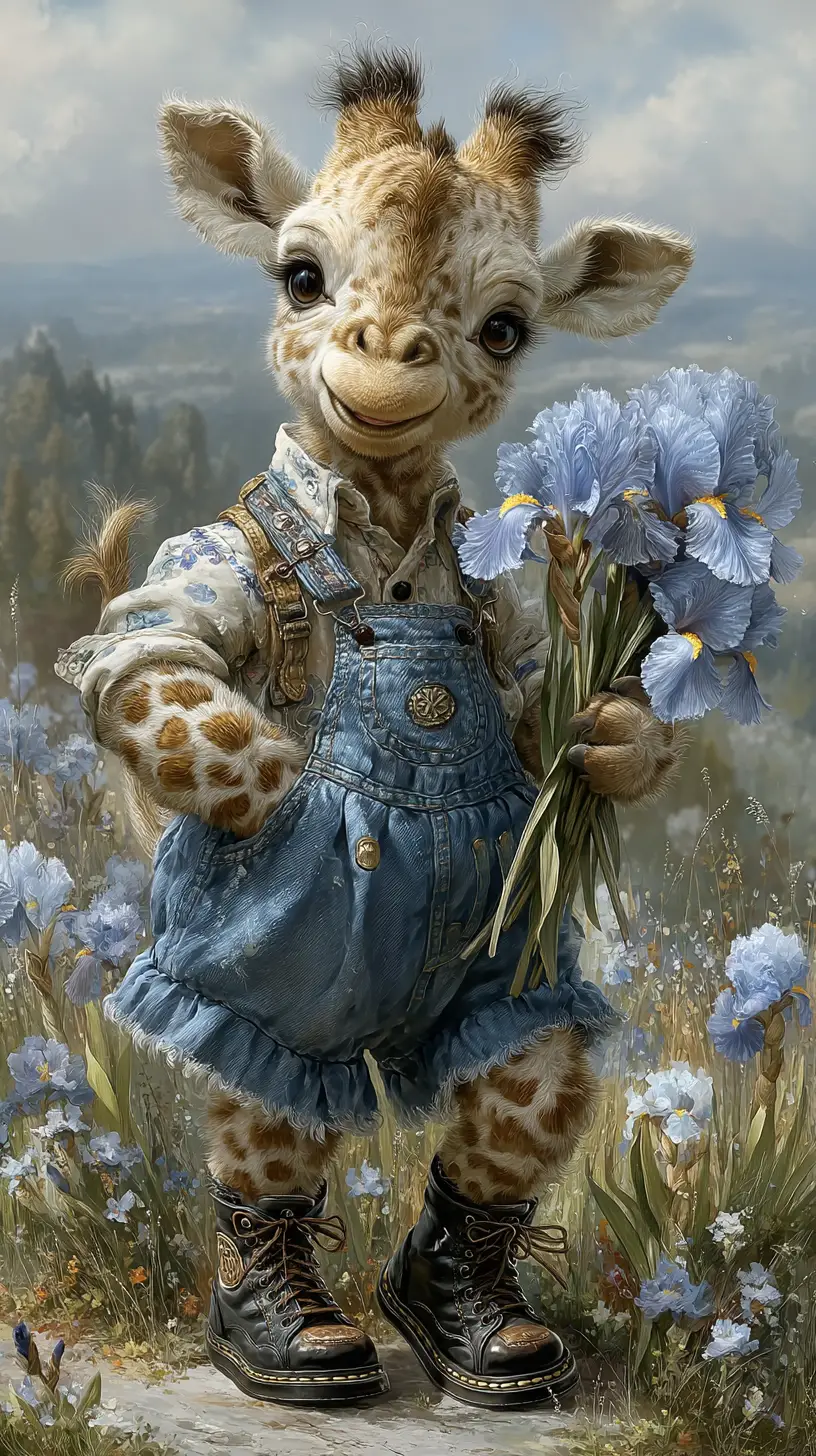 Giraffa fantasy con salopette che cammina in un prato primaverile