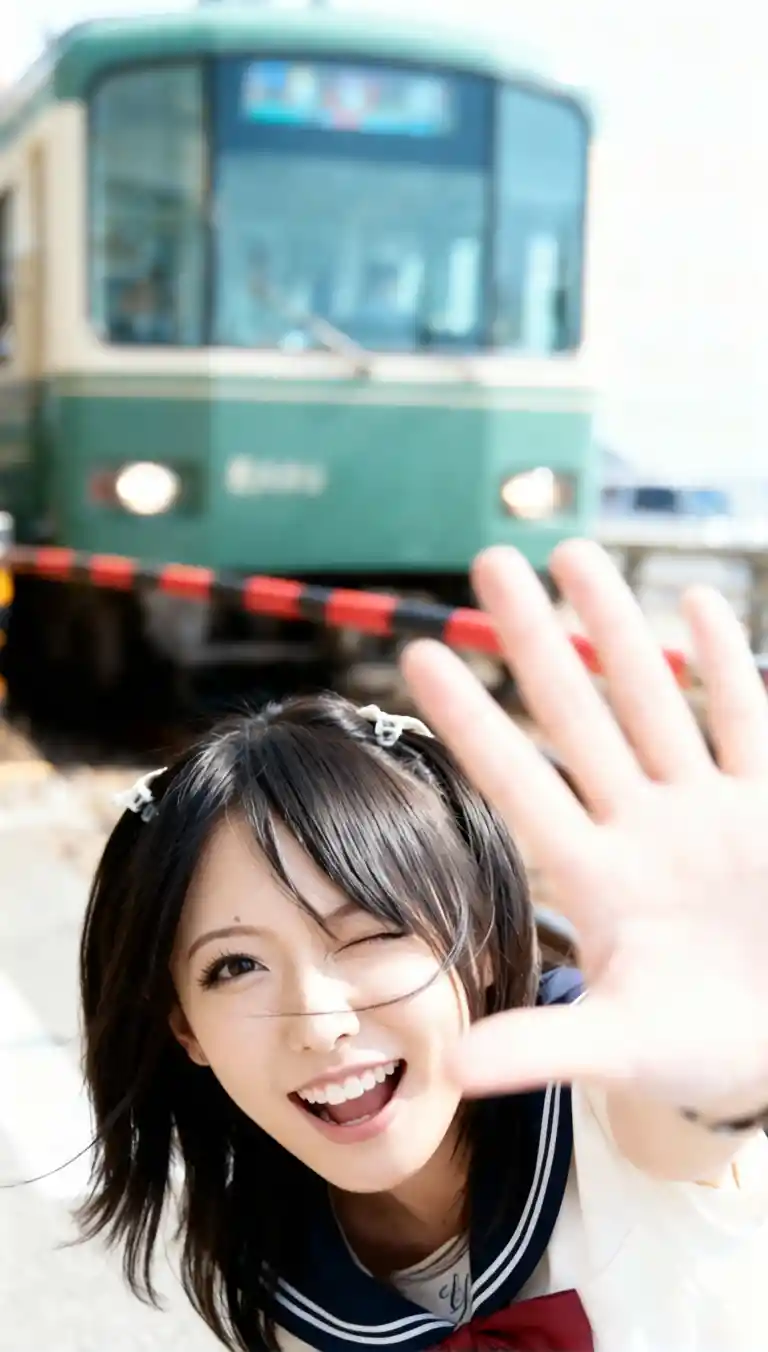Garota japonesa radiante em close extremo em passagem de trem