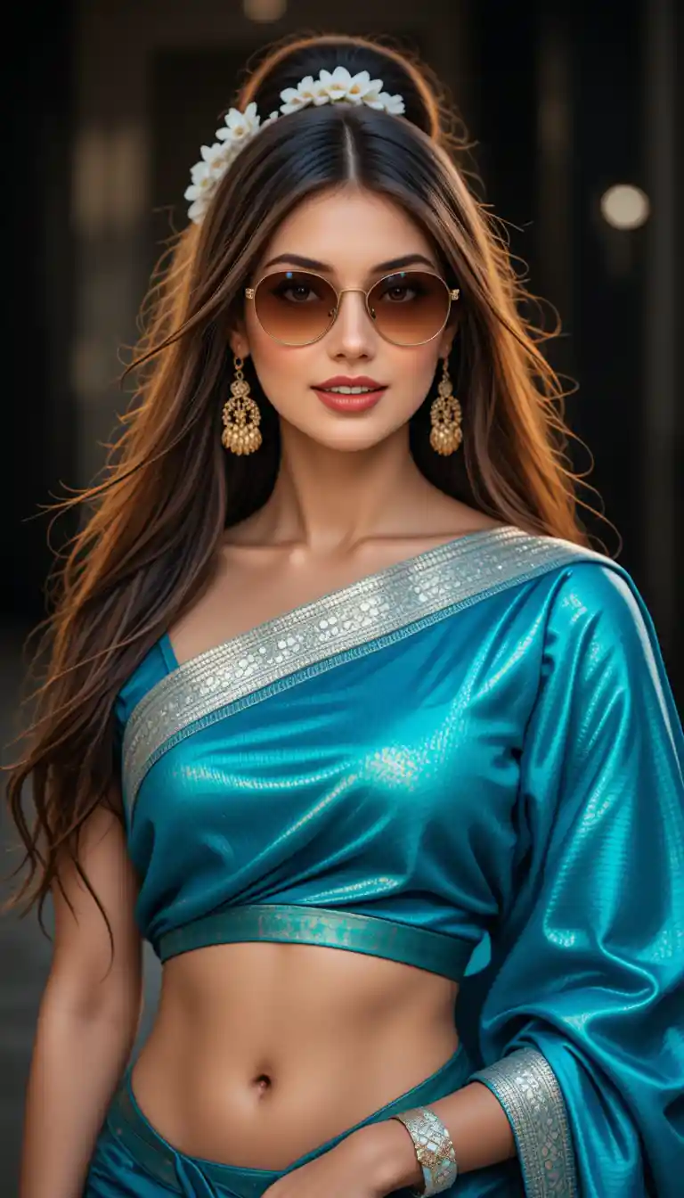 Smiling woman in blue saree with floral garland