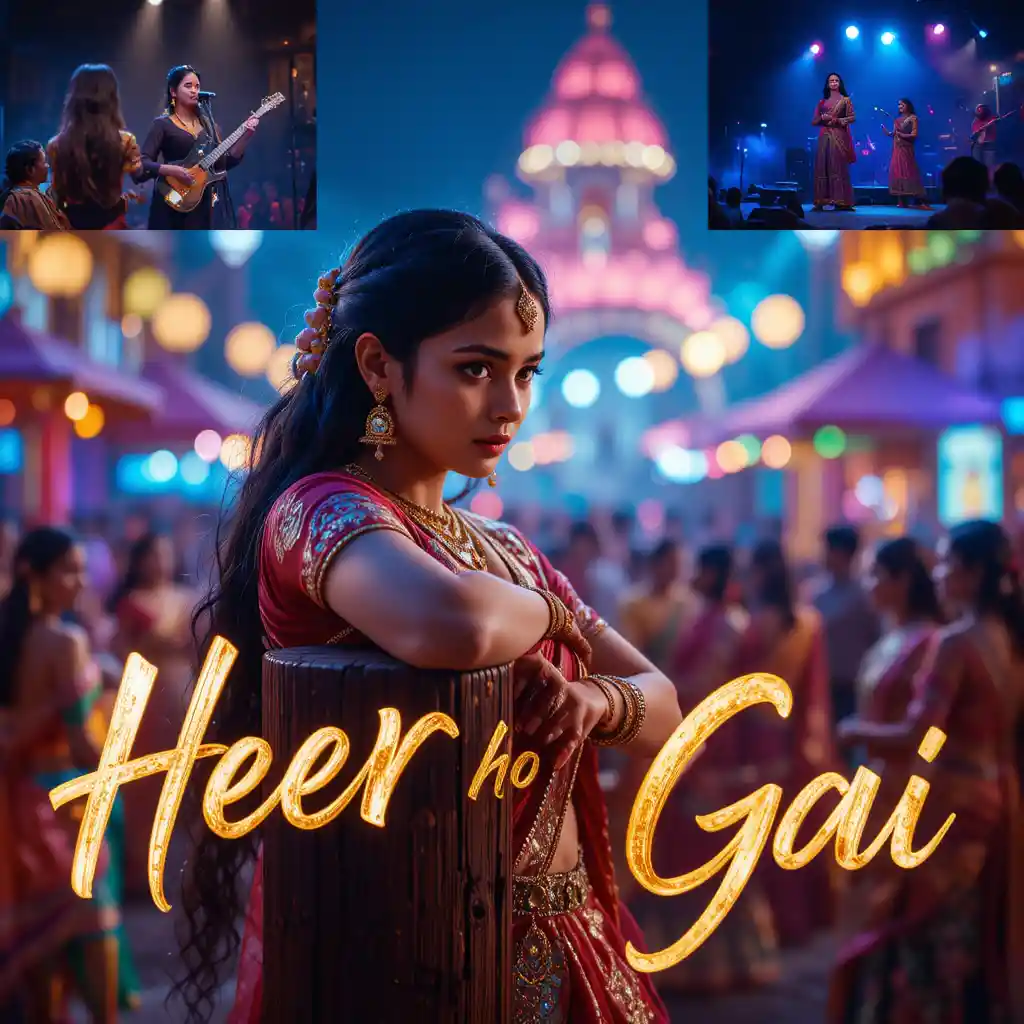 Emotional Indian woman at night festival with glowing lights