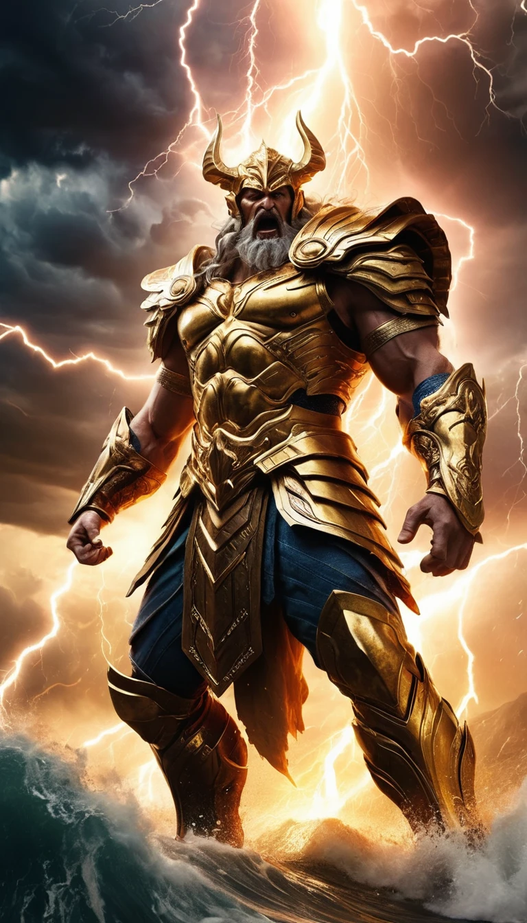 Zeus clashes with a war god amid lightning and storms