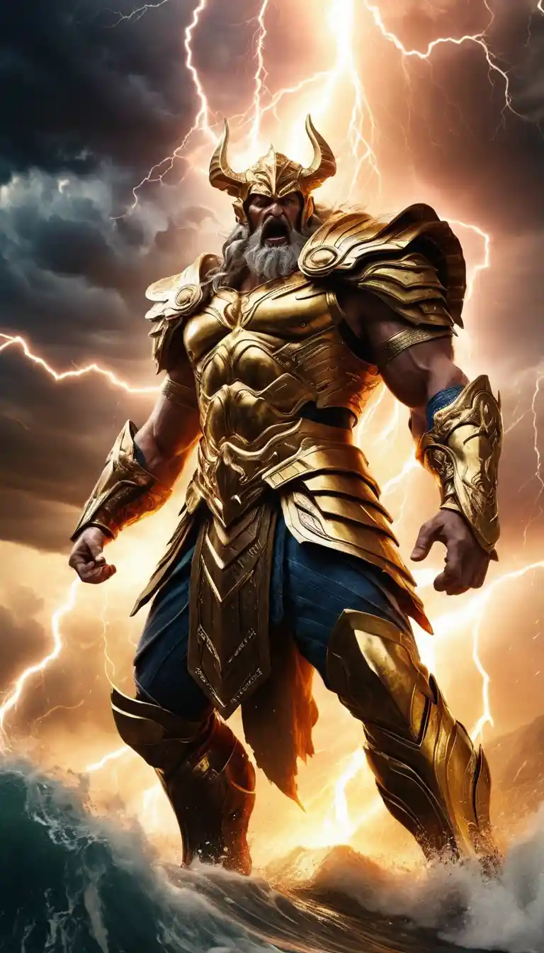 Zeus clashes with a war god amid lightning and storms