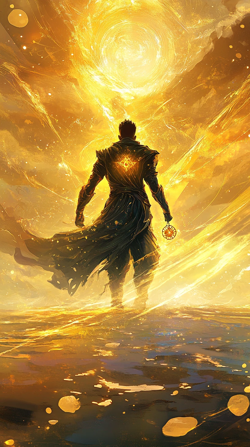 Futuristic king on a glowing cosmic beach at sunset