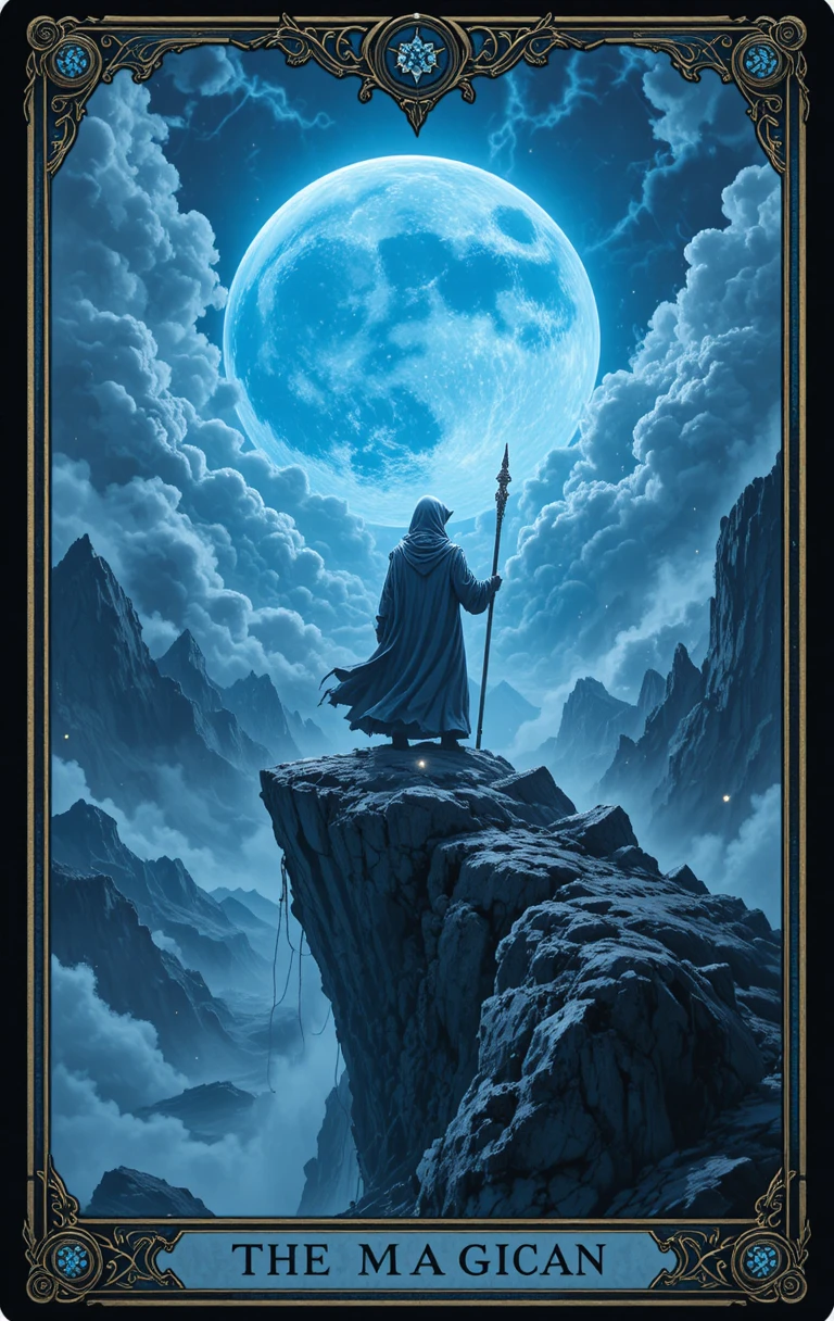 Hooded mage on a stormy cliff under a pale moon
