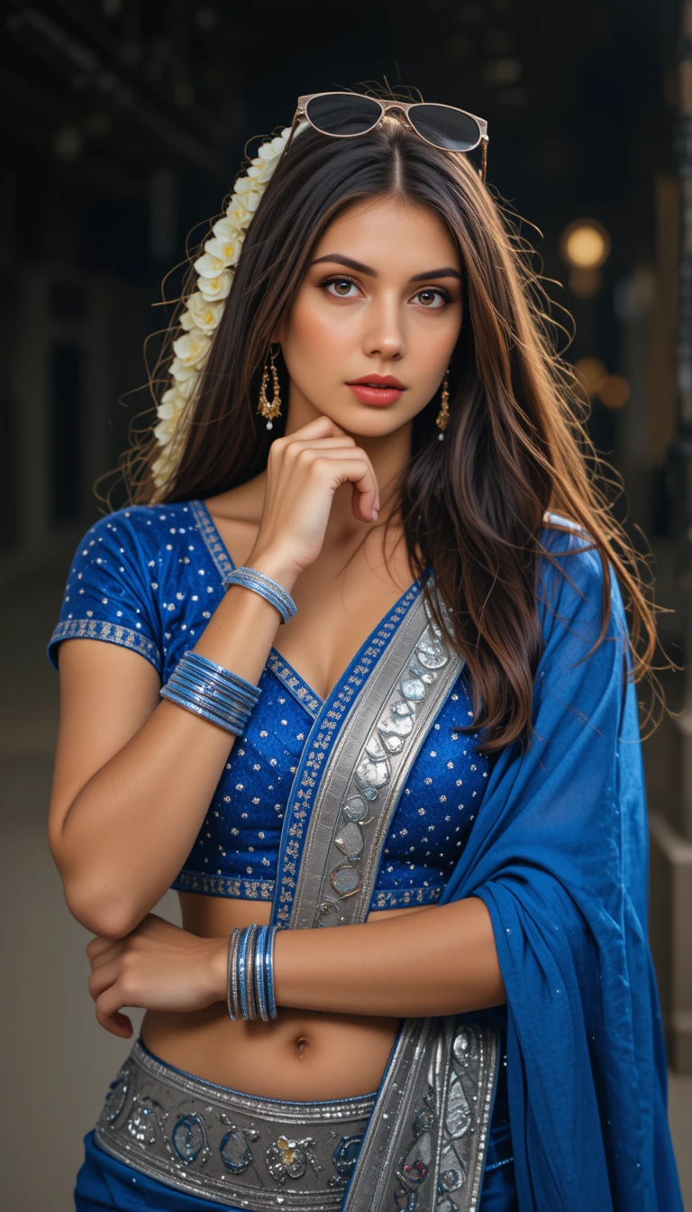 Giovane donna in sari blu che posa in una strada notturna