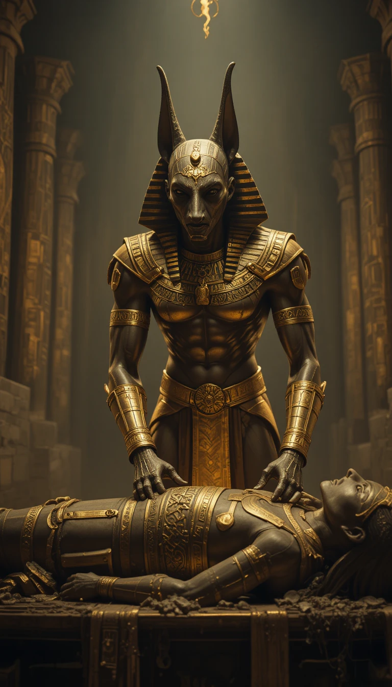 Anubis-ähnlicher Schakalwächter bei einem heiligen Mumifizierungsritual