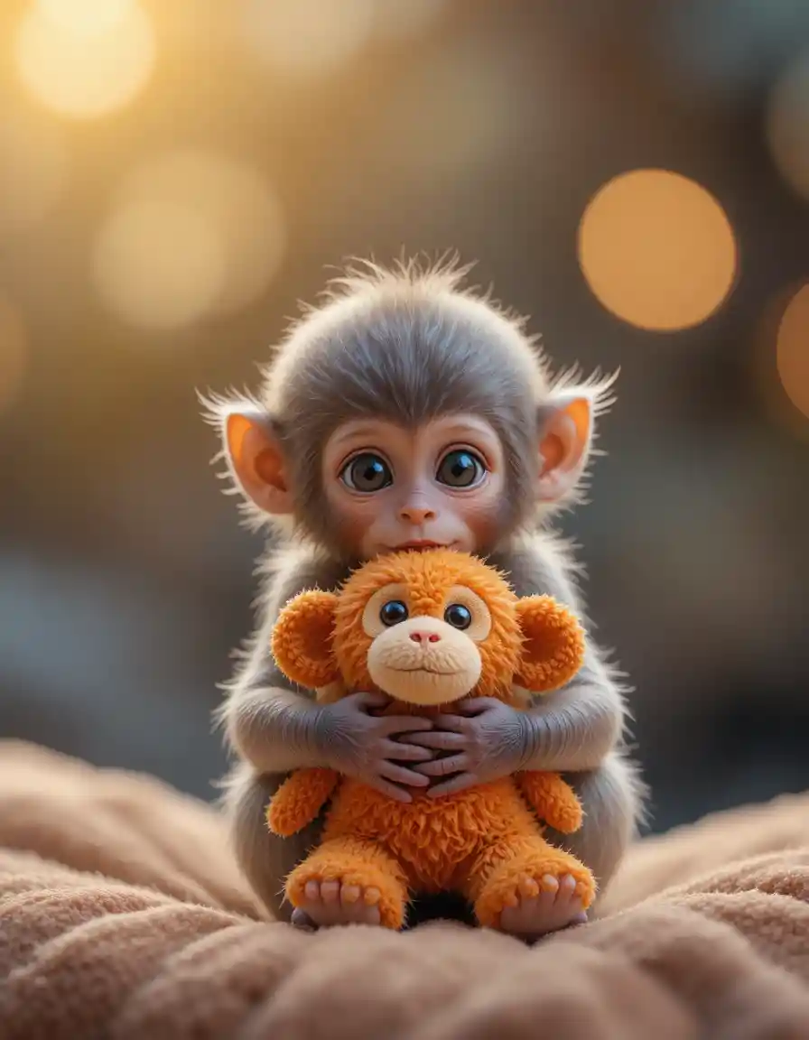 Babyäffchen kuschelt mit weichem orangefarbenem Stofftier