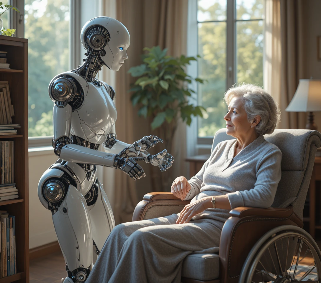 Humanoider Roboter staubt ein gemütliches, sonnenbeschienenes Wohnzimmer ab