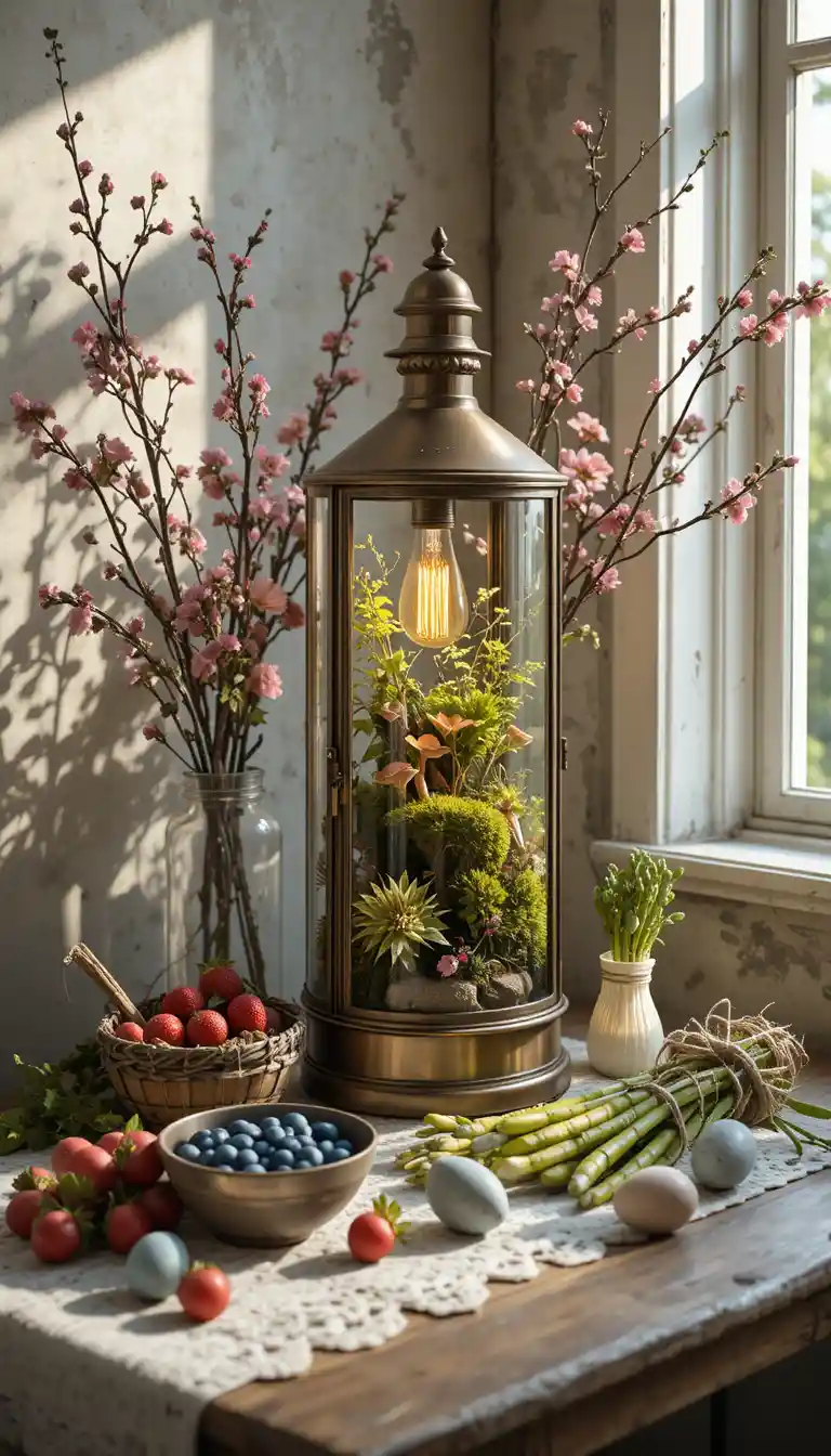 Spring still life with lantern terrarium and fresh produce