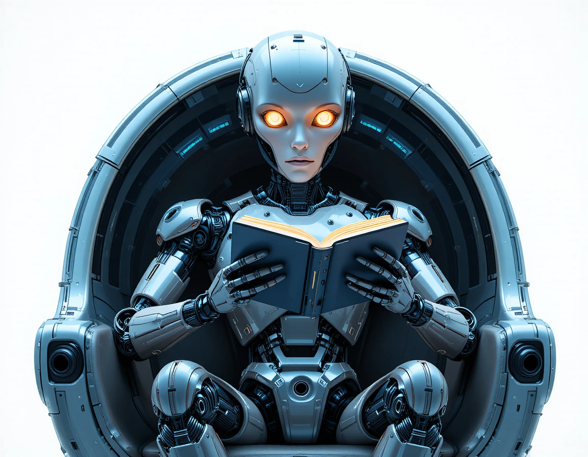 Robot humanoide leyendo un libro en una silla futurista minimalista