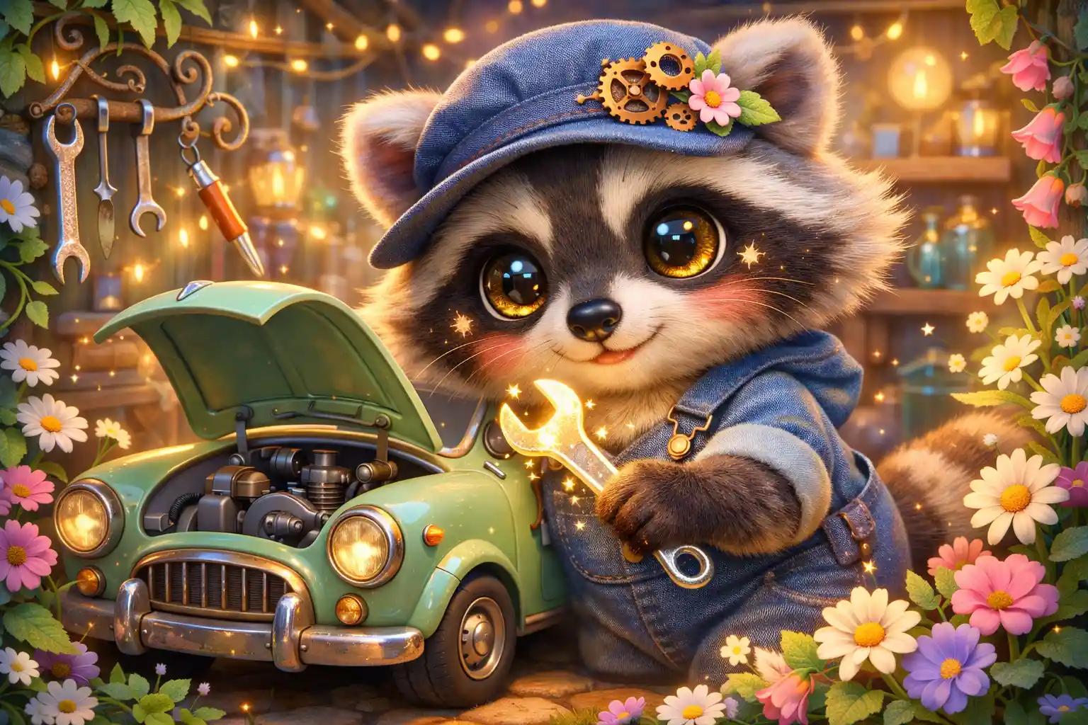 Niedlicher Baby-Waschbär-Mechaniker repariert ein winziges Vintage-Auto