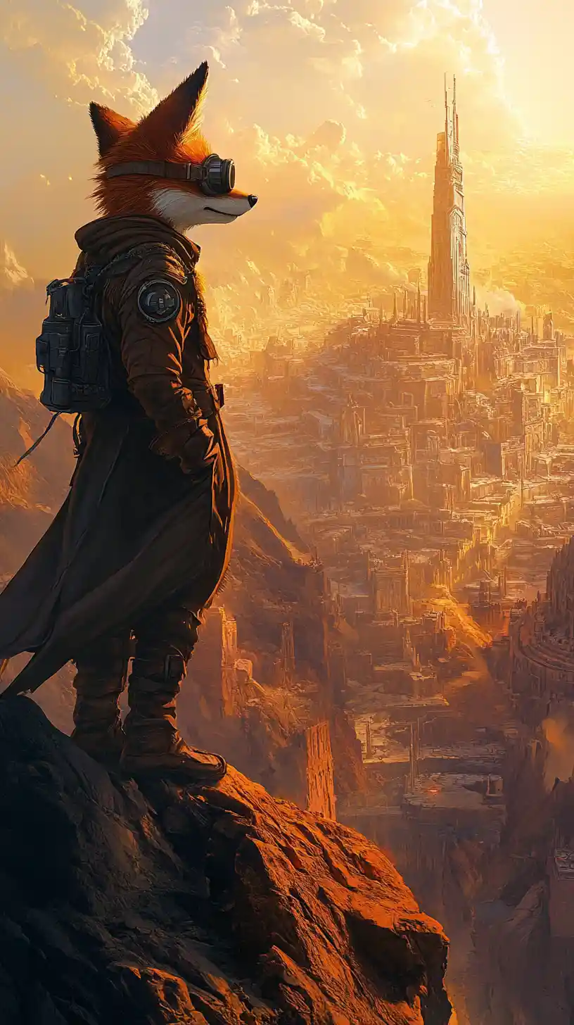 Fuchs-Abenteurer mit Blick auf eine gewaltige Fantasy-Stadt bei Sonnenuntergang
