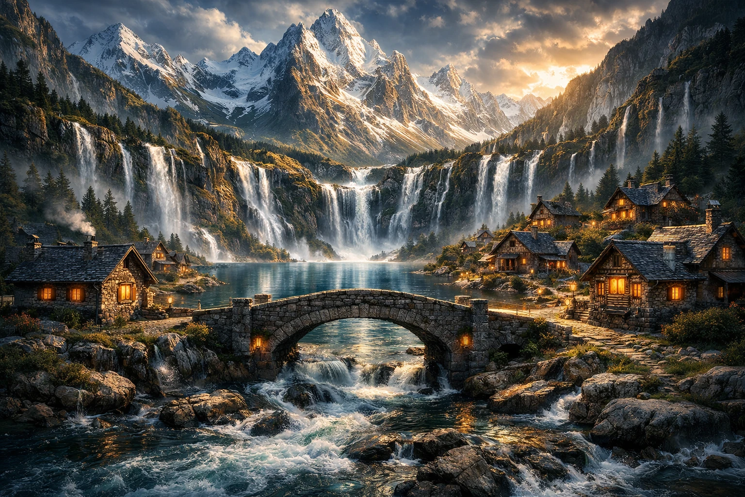 Villaggio di fantasia in montagna accanto a una tranquilla laguna con cascata