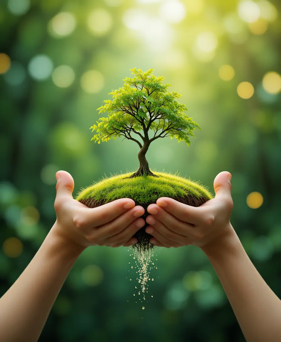 Mains tenant une petite île verte avec un jeune arbre