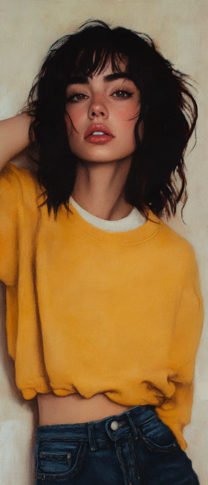 Melancholic young woman in mustard sweatshirt figurative painting