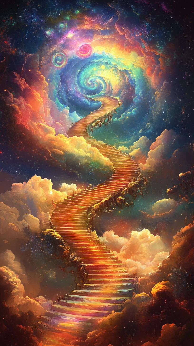 Escadaria iridescente em espiral rumo a um radiante vazio cósmico