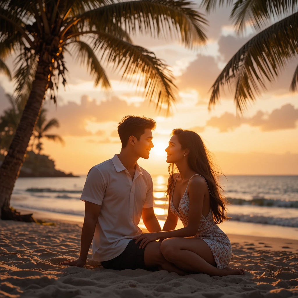 Young couple on a beach at sunset with golden light
