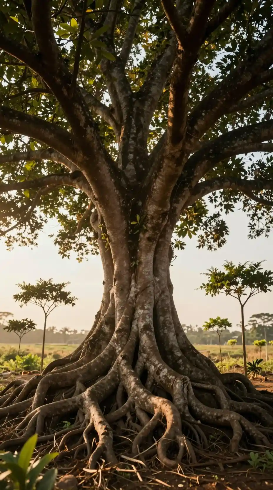 Majestic tree with deep roots at sunrise surrounded by saplings
