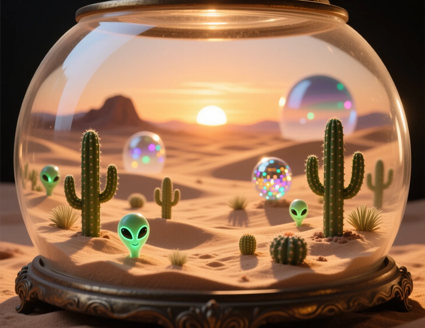 Terrario desertico in miniatura che brilla sotto un tramonto surreale