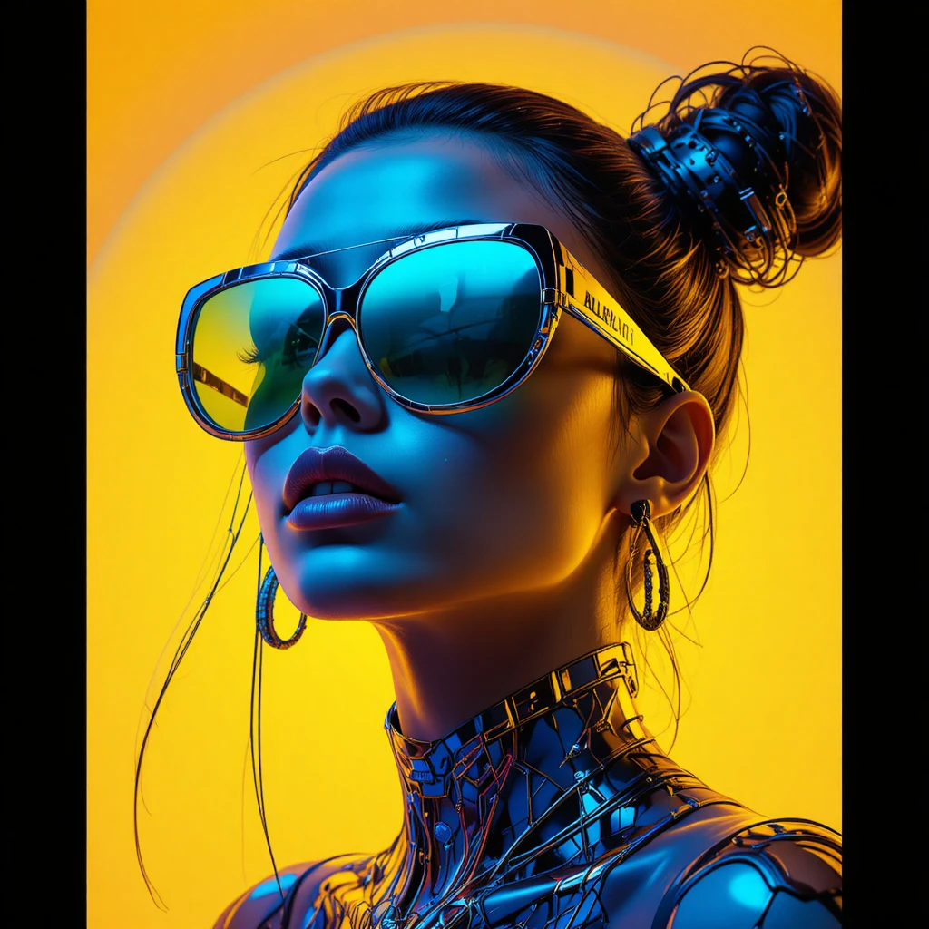 亮黃色背景上的未來感太陽眼鏡女子
